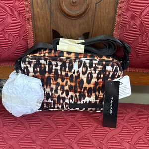 Tahari Leopard Print Crossbody Bag Brown/Black with Adjustable Strap & Pouch